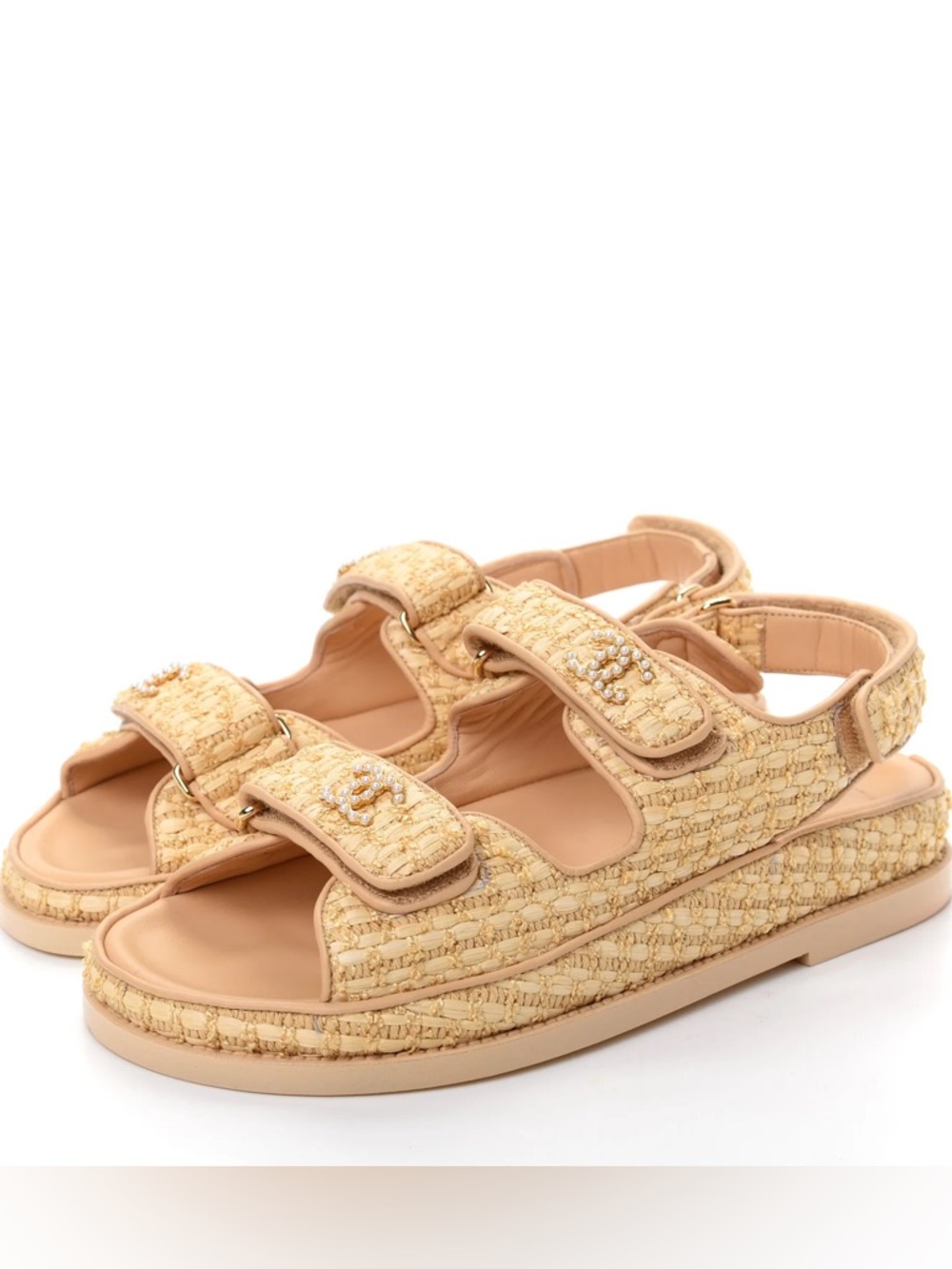 CHANEL Raffia Pearl Dad Sandals 37 Beige 21C CC Logo Velcro - Picture 2 of 16